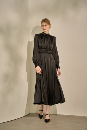 Satin Stand-Neck Long Dress <br> -Black-