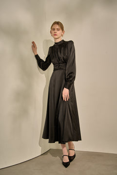 Satin Stand-Neck Long Dress <br> -Black-
