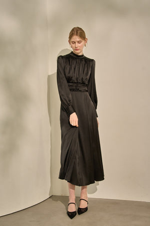 Satin Stand-Neck Long Dress <br> -Black-