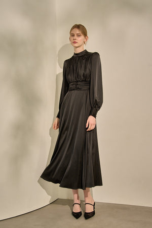 Satin Stand-Neck Long Dress <br> -Black-