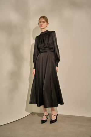 Satin Stand-Neck Long Dress <br> -Black-