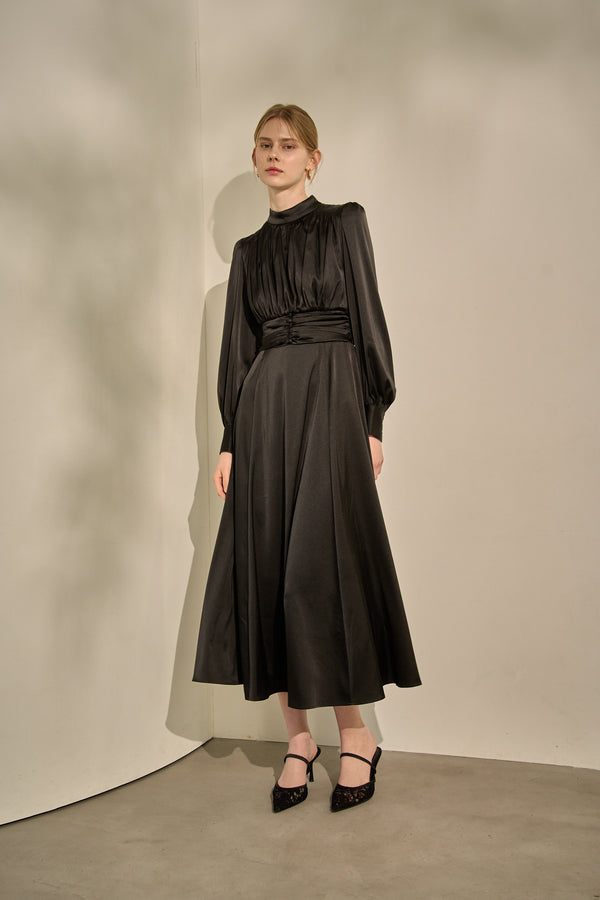 Satin Stand-Neck Long Dress <br> -Black-