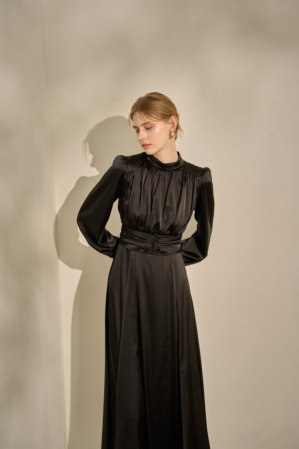 Satin Stand-Neck Long Dress <br> -Black-