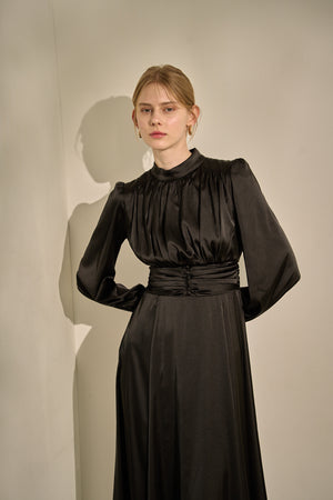 Satin Stand-Neck Long Dress <br> -Black-