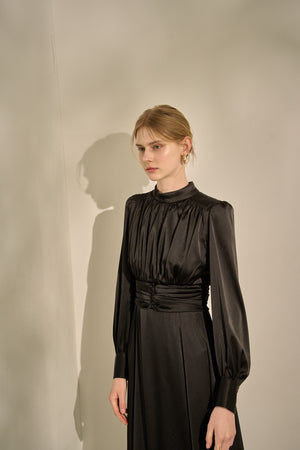Satin Stand-Neck Long Dress <br> -Black-