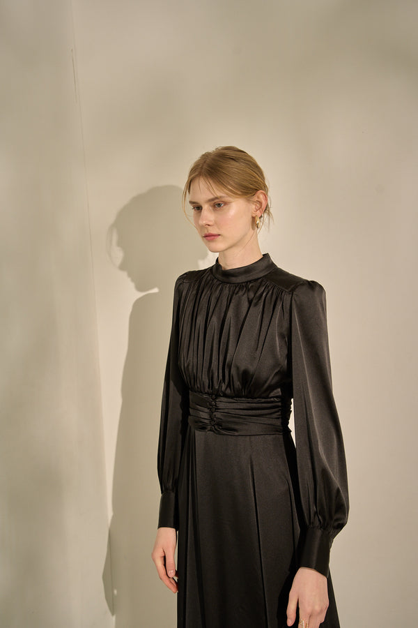 Satin Stand-Neck Long Dress <br> -Black-