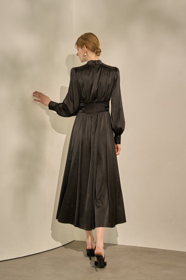 Satin Stand-Neck Long Dress <br> -Black-