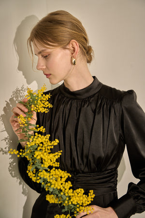 Satin Stand-Neck Long Dress <br> -Black-