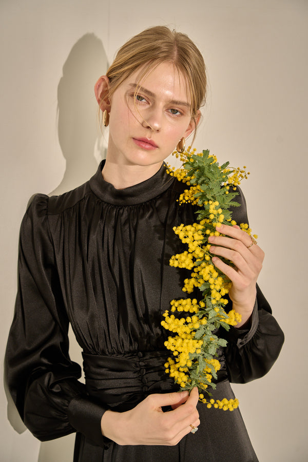 Satin Stand-Neck Long Dress <br> -Black-
