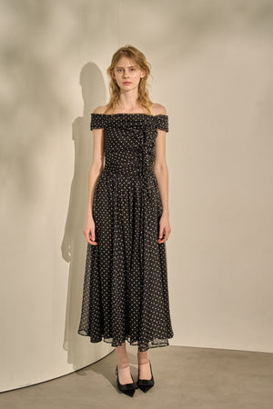 Asymmetric Off-Shoulder Drape One Piece <br> -Black×wht dot-