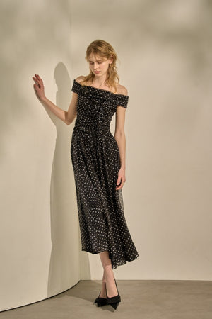 Asymmetric Off-Shoulder Drape One Piece <br> -Black×wht dot-