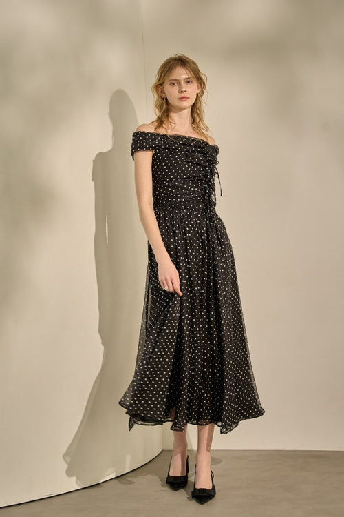 Asymmetric Off-Shoulder Drape One Piece <br> -Black×wht dot-
