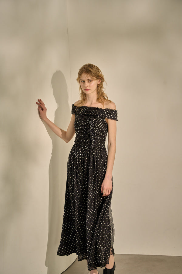 Asymmetric Off-Shoulder Drape One Piece <br> -Black×wht dot-