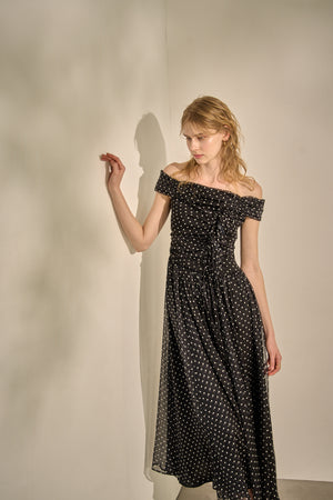 Asymmetric Off-Shoulder Drape One Piece <br> -Black×wht dot-