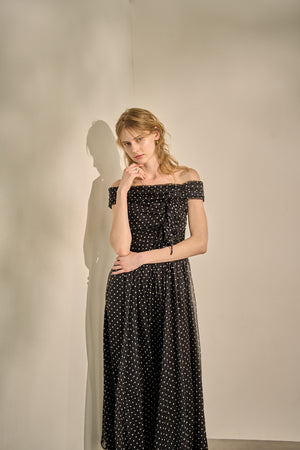 Asymmetric Off-Shoulder Drape One Piece <br> -Black×wht dot-