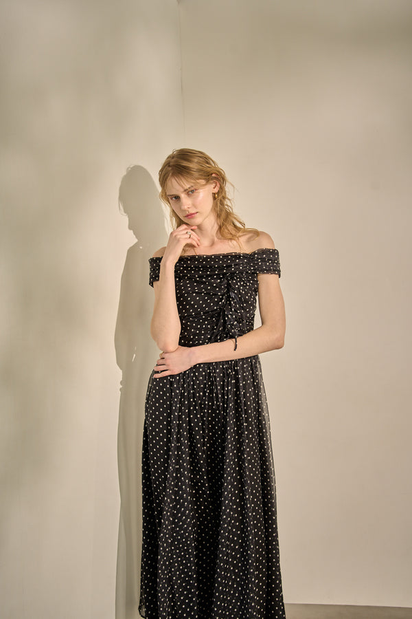 Asymmetric Off-Shoulder Drape One Piece <br> -Black×wht dot-