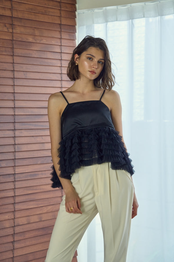 【Pre-order】Tulle tiered SatinCamisole top  <br> -Black-