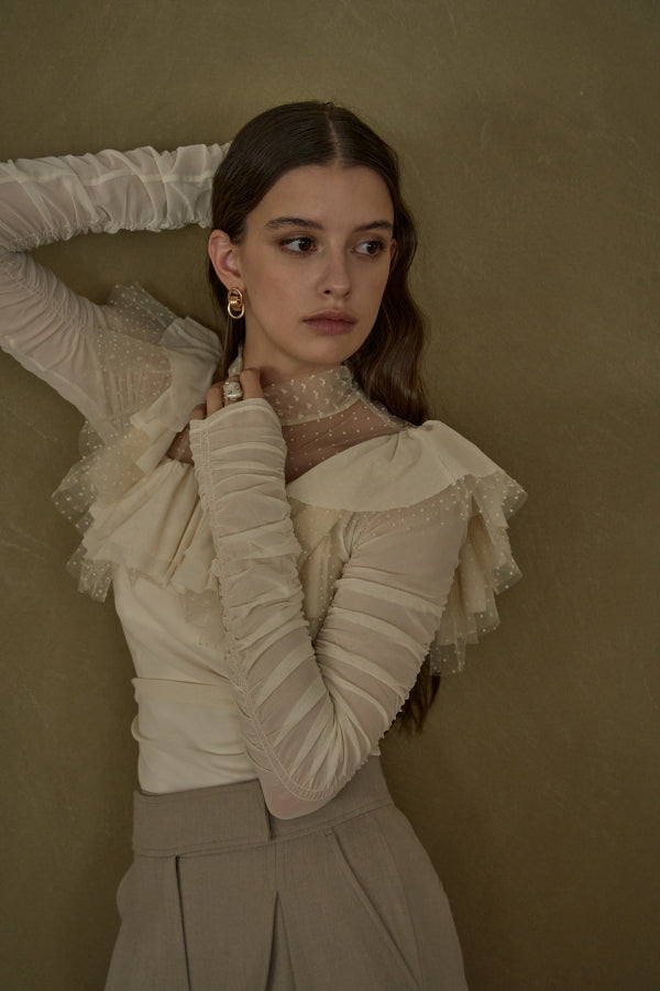 Dot Tulle Stretch Top <br> -Ivory-