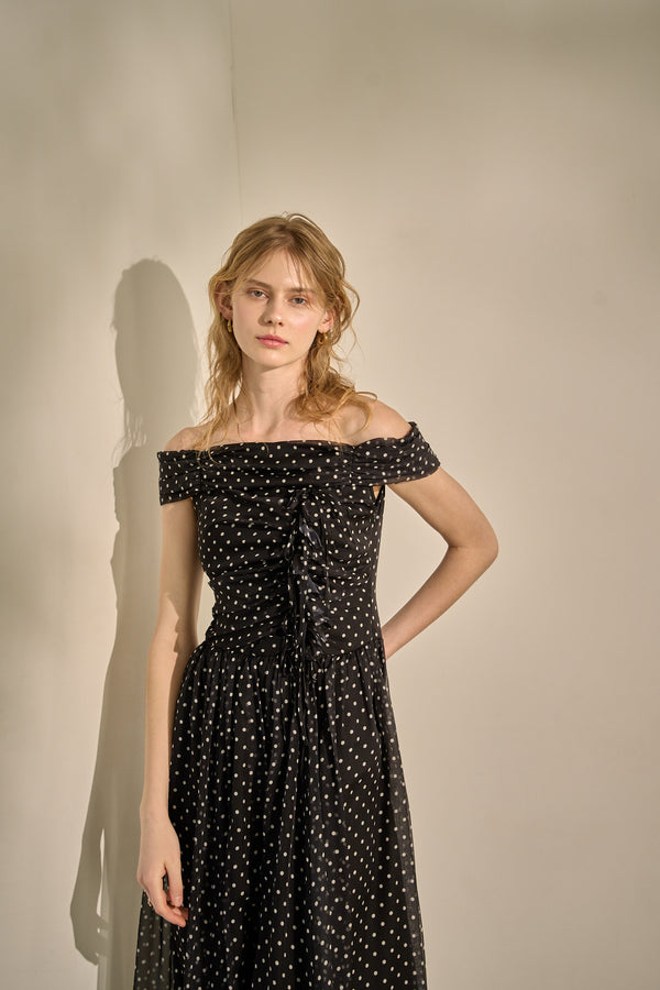 Asymmetric Off-Shoulder Drape One Piece <br> -Black×wht dot-