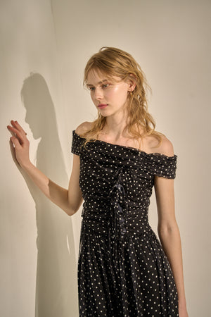 Asymmetric Off-Shoulder Drape One Piece <br> -Black×wht dot-