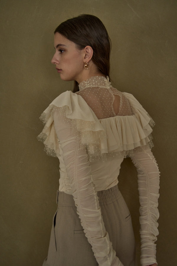 Dot Tulle Stretch Top <br> -Ivory-