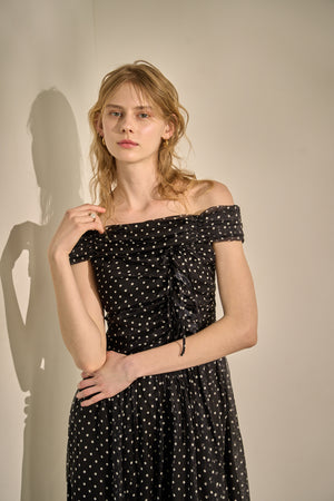 Asymmetric Off-Shoulder Drape One Piece <br> -Black×wht dot-
