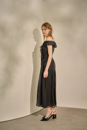 Asymmetric Off-Shoulder Drape One Piece <br> -Black×wht dot-
