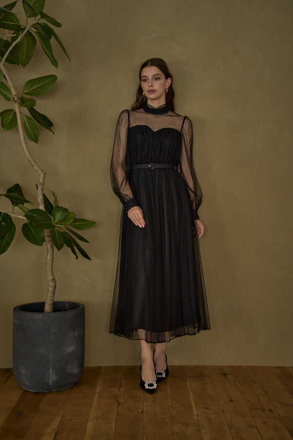 Flocked Tulle Lace Dress <br> -Black-