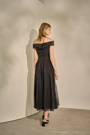 Asymmetric Off-Shoulder Drape One Piece <br> -Black×wht dot-