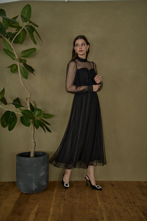Flocked Tulle Lace Dress <br> -Black-