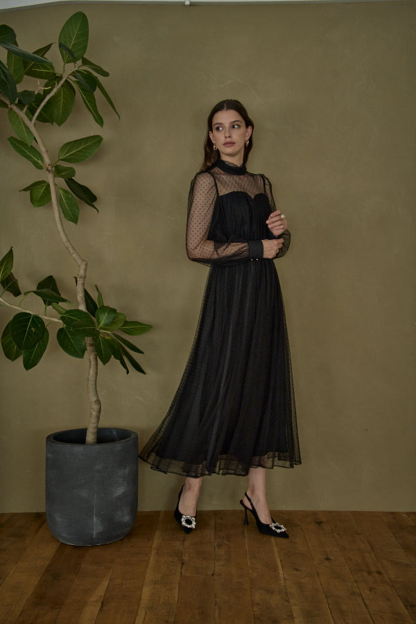 Flocked Tulle Lace Dress <br> -Black-