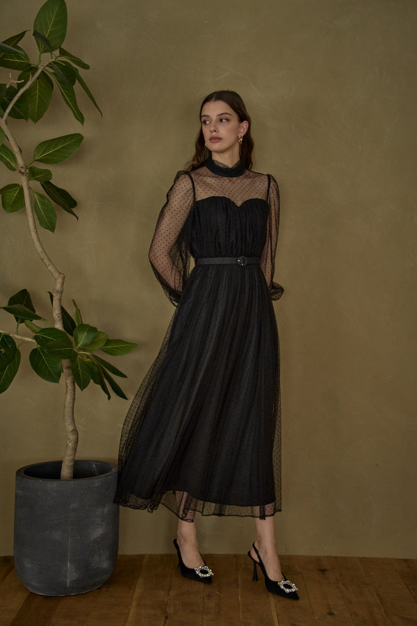 Flocked Tulle Lace Dress <br> -Black-