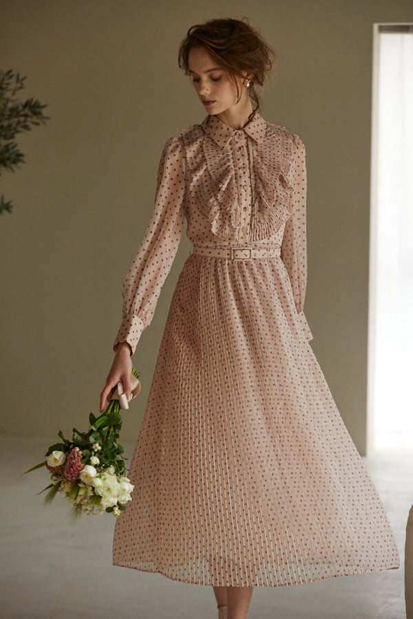 Chiffon dot pleated dress -Mauve×br dot- – ERADIE 
