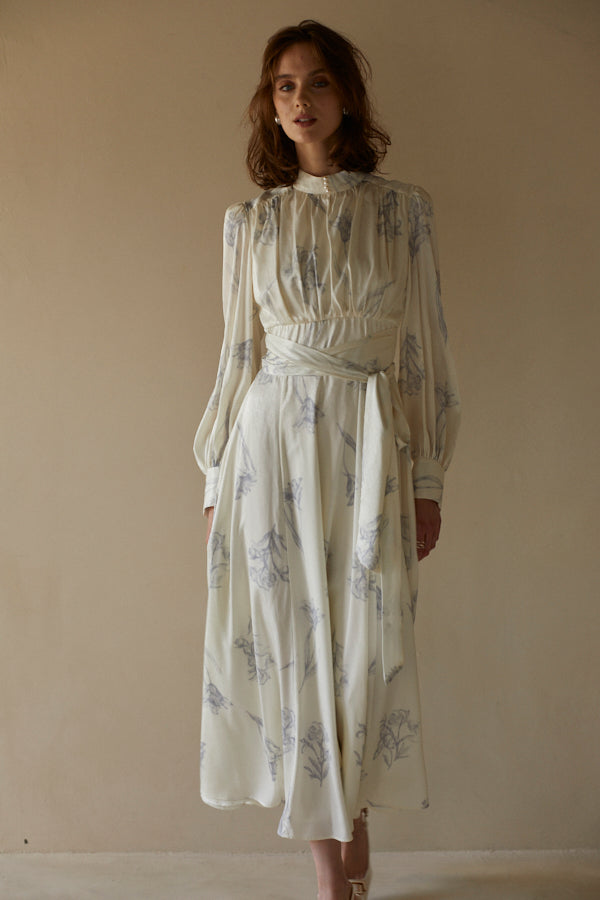 Pearl stand satin long dress <br> -White Print-