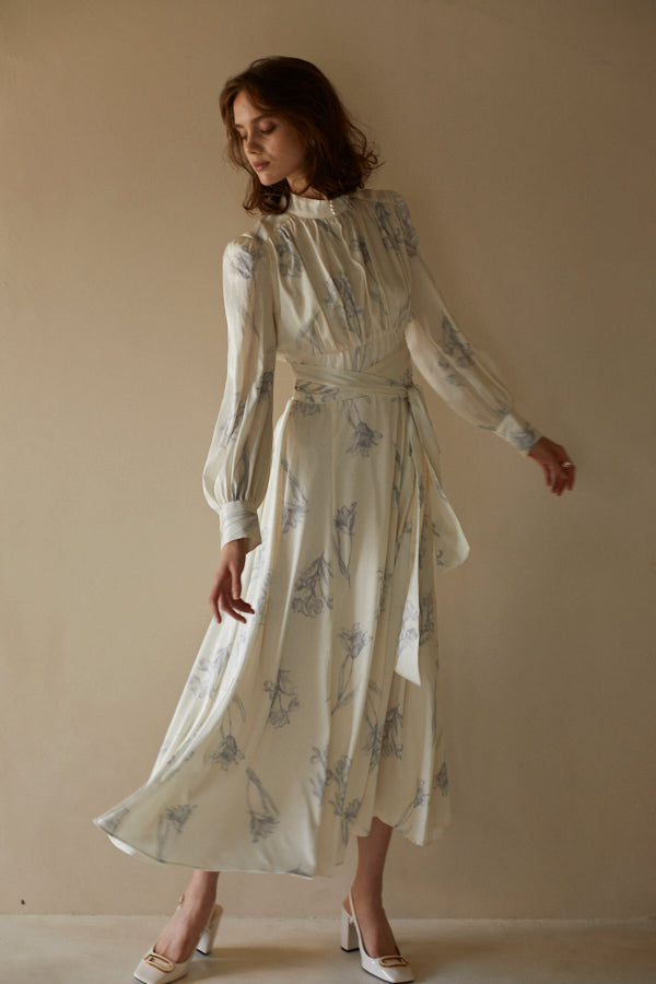 Pearl stand satin long dress <br> -White Print-