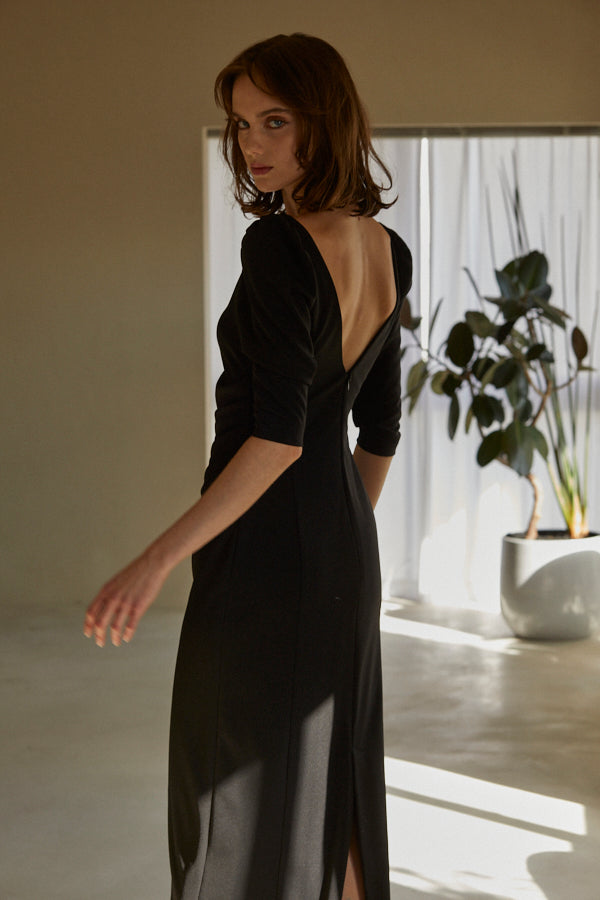 Drape midi dress <br> -Black-