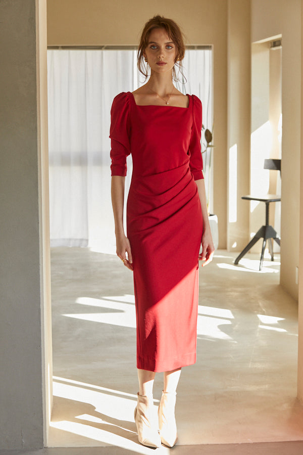 Drape midi dress <br> -Red-