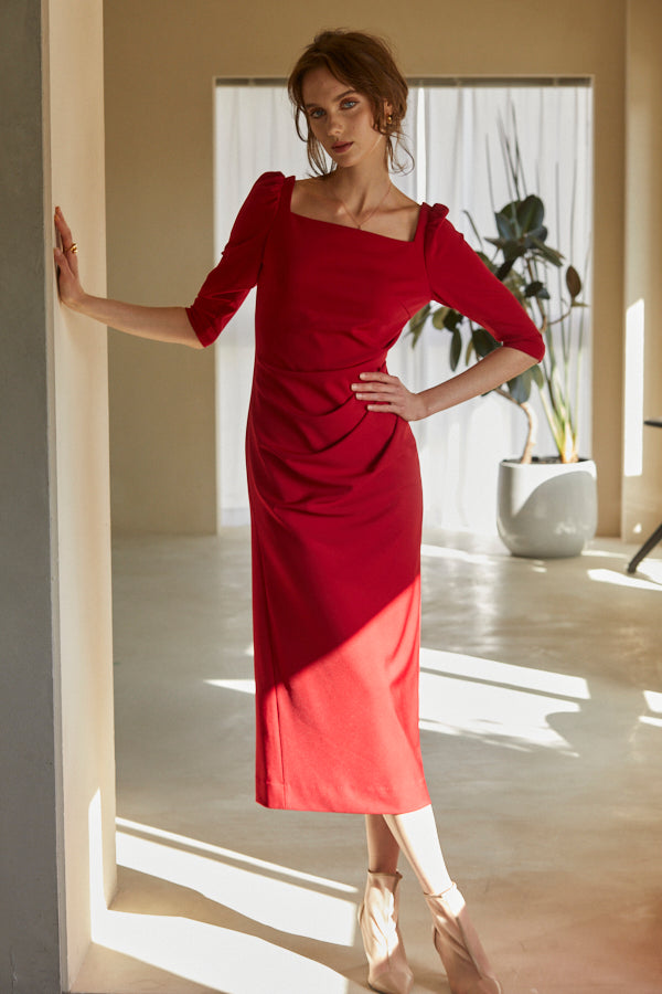 Drape midi dress <br> -Red-