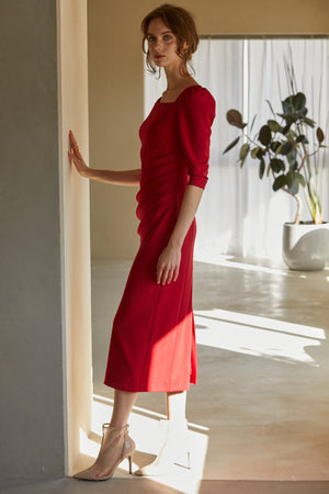Drape midi dress <br> -Red-