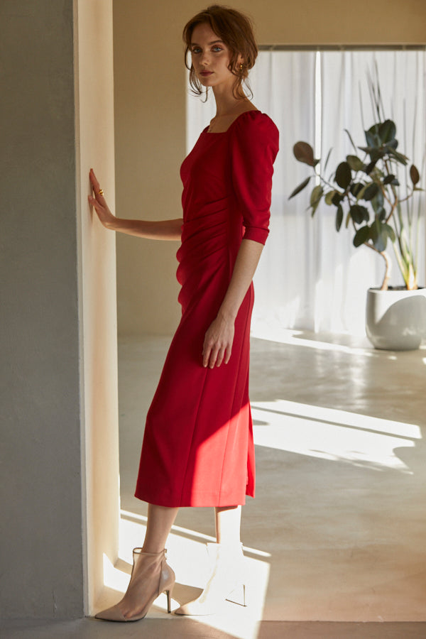 Drape midi dress <br> -Red-