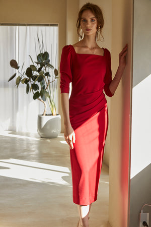Drape midi dress <br> -Red-