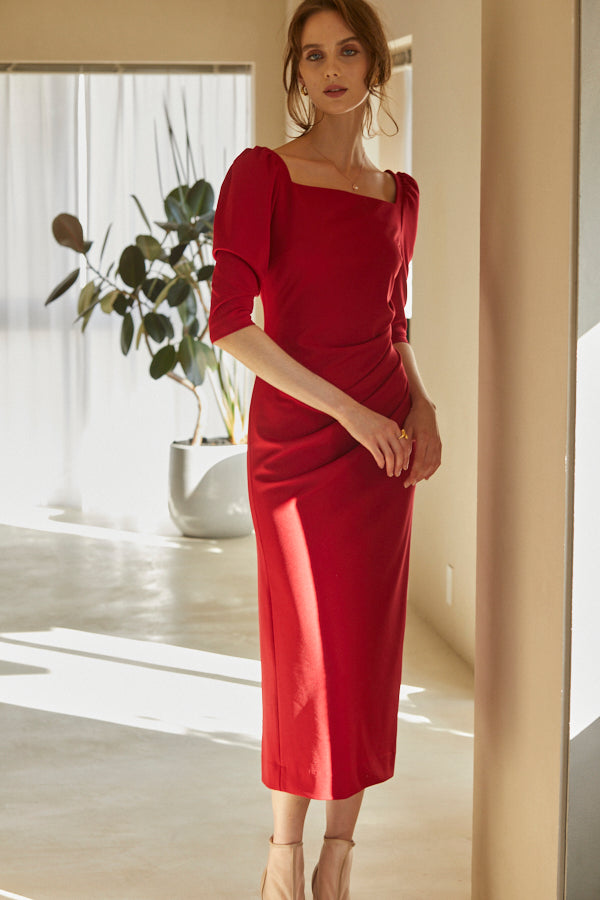 Drape midi dress <br> -Red-