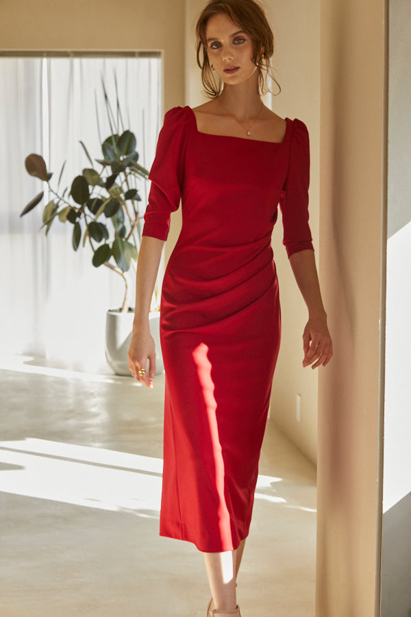Drape midi dress <br> -Red-