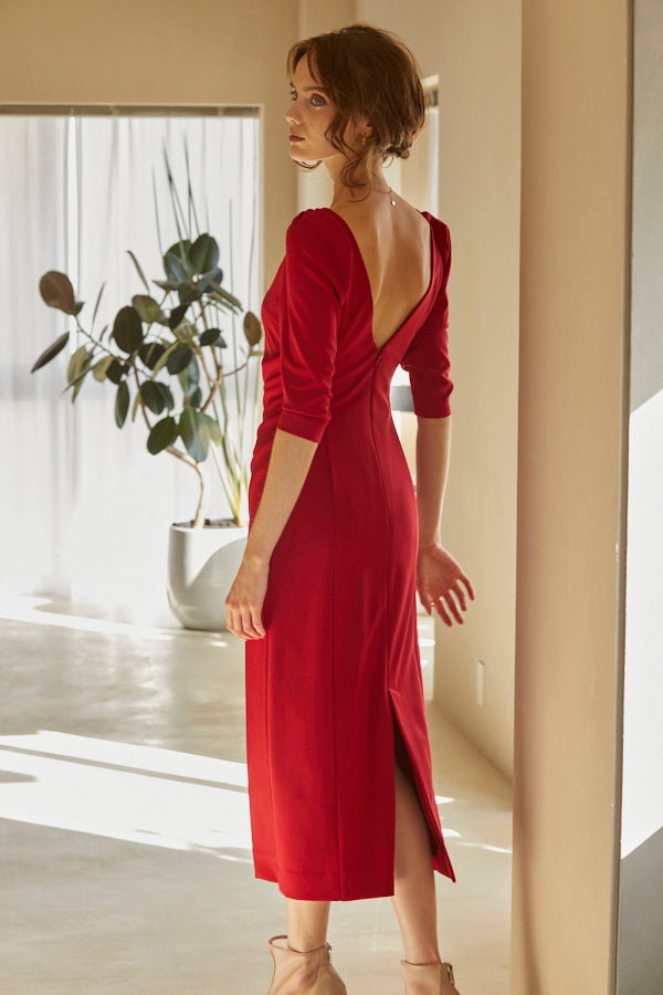 Drape midi dress <br> -Red-