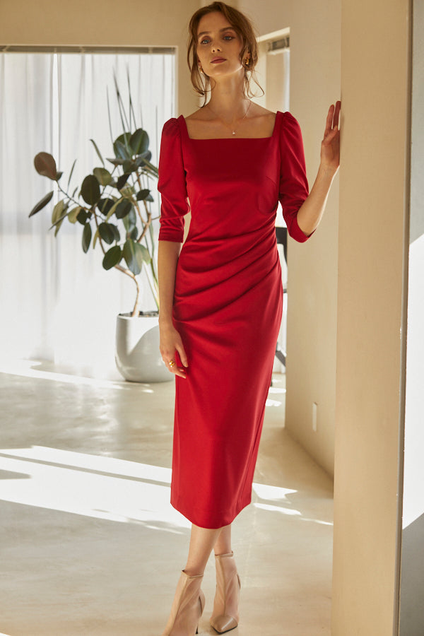 Drape midi dress <br> -Red-