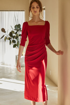 Drape midi dress <br> -Red-