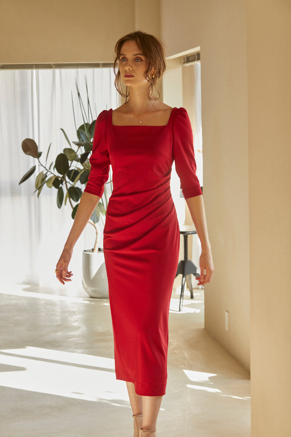 Drape midi dress <br> -Red-