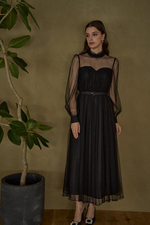 Flocked Tulle Lace Dress <br> -Black-