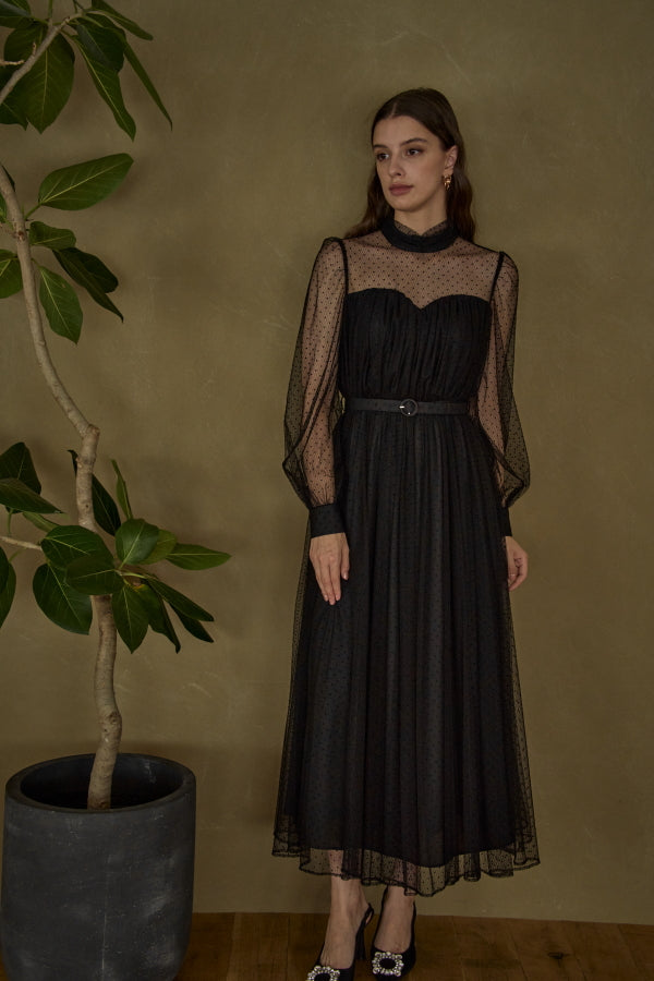 Flocked Tulle Lace Dress <br> -Black-