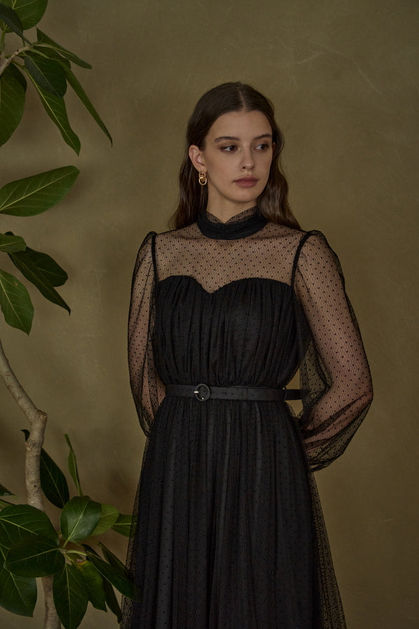 Flocked Tulle Lace Dress <br> -Black-